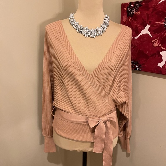 Love Tree Juniors Ribbed Long Sleeve Surplice sweater, in clay, size Small - Picture 2 of 7